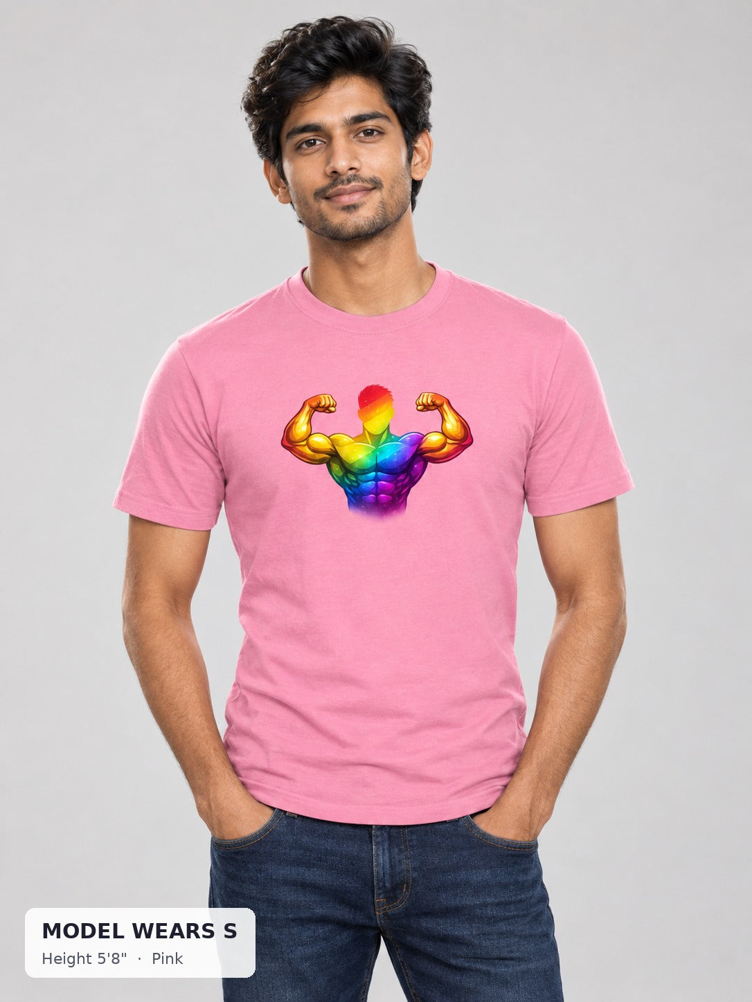 Rainbow Bodybuilder Pride Tee in Pink on a slim model wearing size S, 5'8" - Good Trouble Fashion
