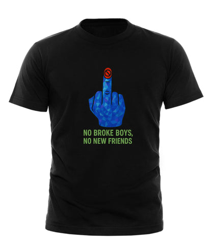 GOOD TROUBLE FASHION no broke boys t-shirt black crewneck with blue middle finger graphic and green slogan