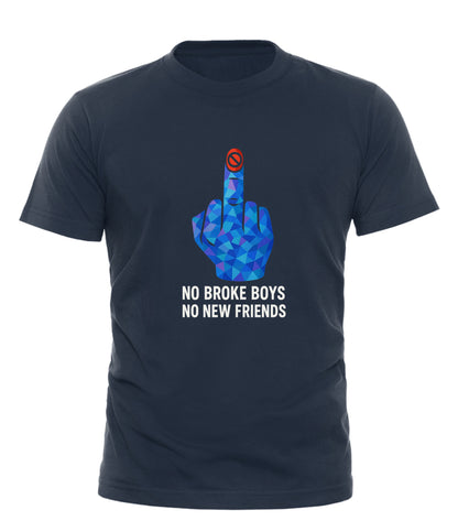 GOOD TROUBLE FASHION navy crew neck no broke boys t-shirt with blue geometric middle finger graphic and slogan