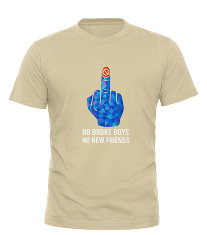 Beige no broke boys t-shirt with blue geometric middle finger graphic and white No Broke Boys No New Friends text