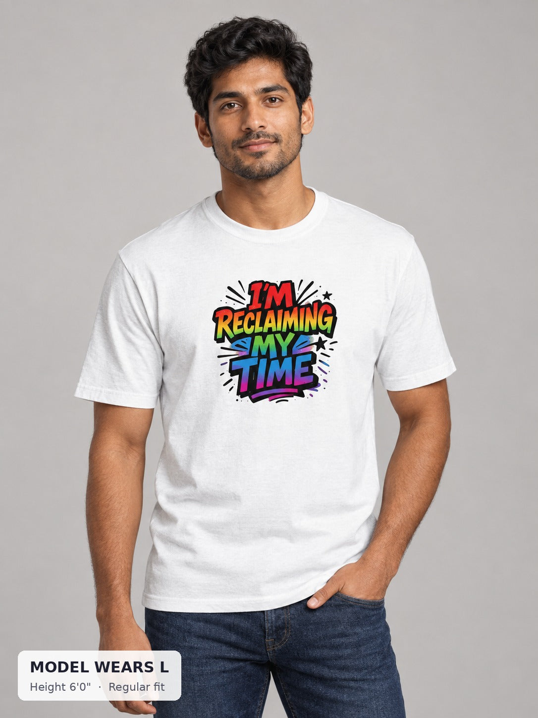 Reclaiming My Time Tee on an athletic model wearing size L, 6'0" - Good Trouble Fashion