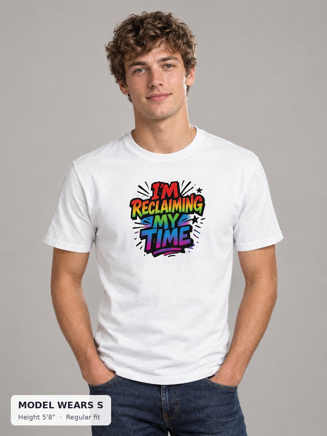 Reclaiming My Time Tee on a slim model wearing size S, 5'8" - Good Trouble Fashion