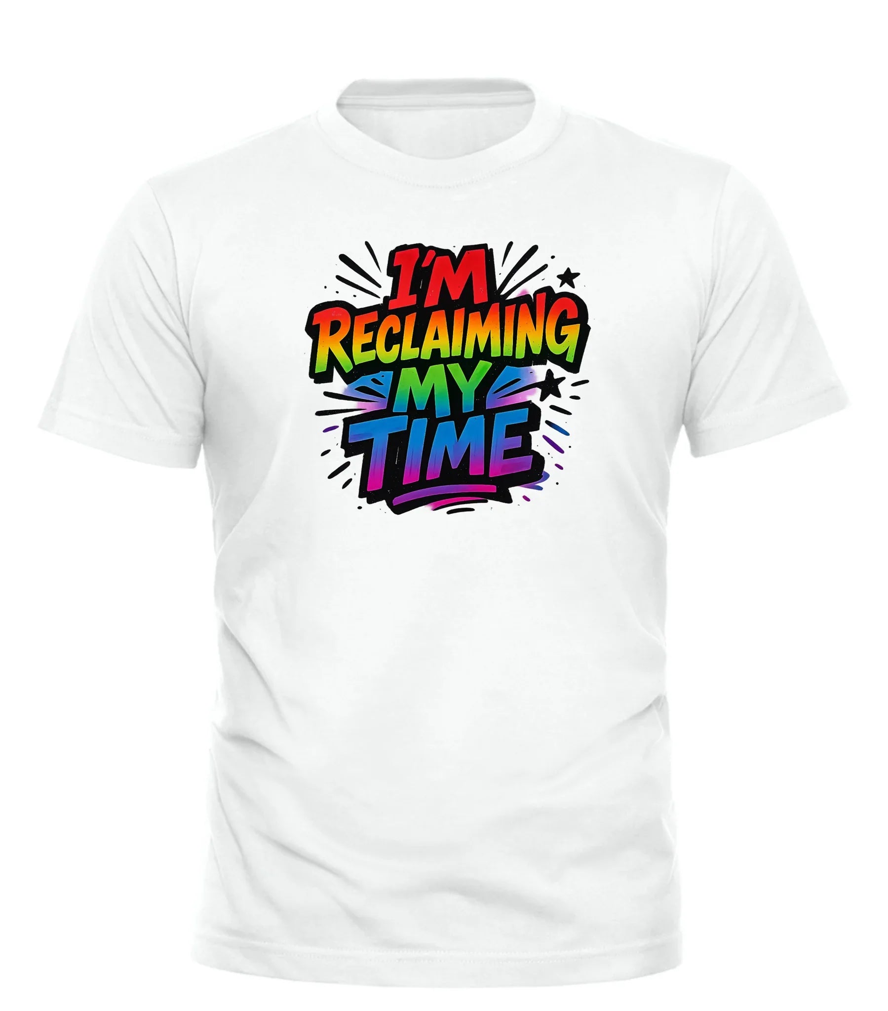 Good Trouble Garments white reclaiming my time shirt with colorful bold graphic text design