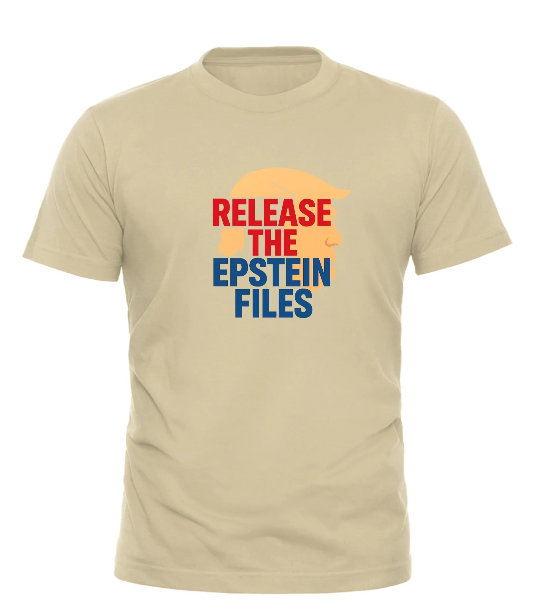 Beige release the epstein files tee with graphic silhouette and bold red and blue text from Good Trouble Fashion