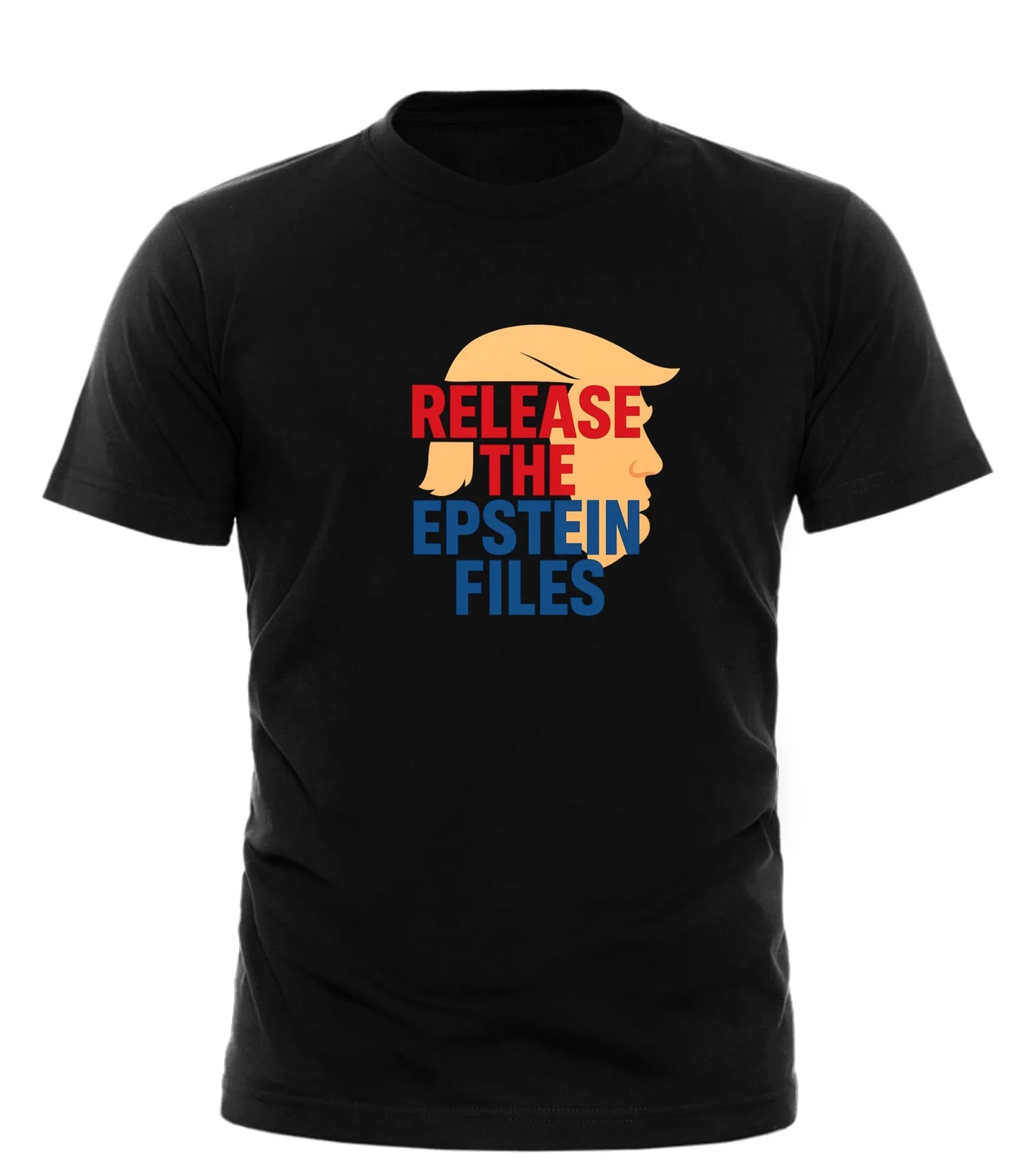 Black Good Trouble Garments t-shirt with red and blue text release the epstein files and graphic silhouette