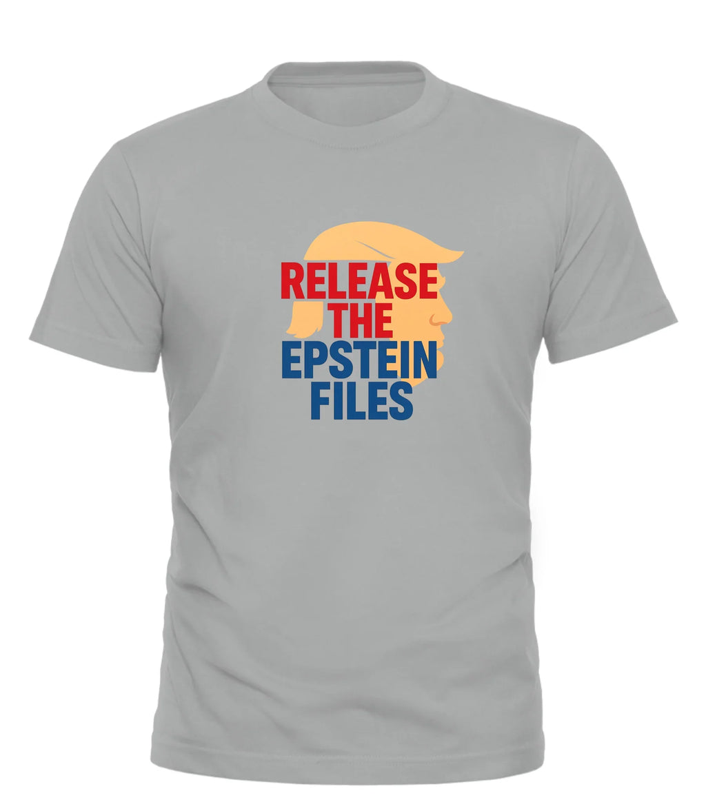 Good Trouble Garments gray tee with graphic and text release the epstein files tee in red and blue