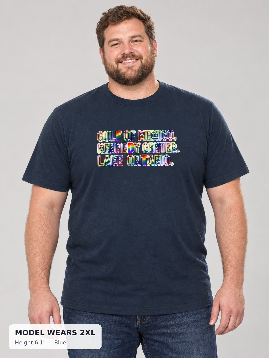 Rename It? Make It Gay. Pride Protest Tee in Blue on a plus-size model wearing size 2XL, 6'1" - Good Trouble Fashion