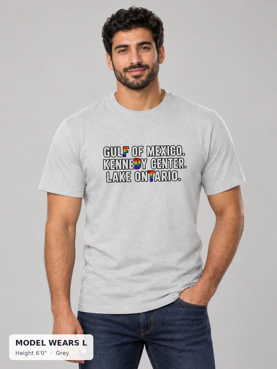 Rename It? Make It Gay. Pride Protest Tee in Gray on an athletic model wearing size L, 6'0" - Good Trouble Fashion