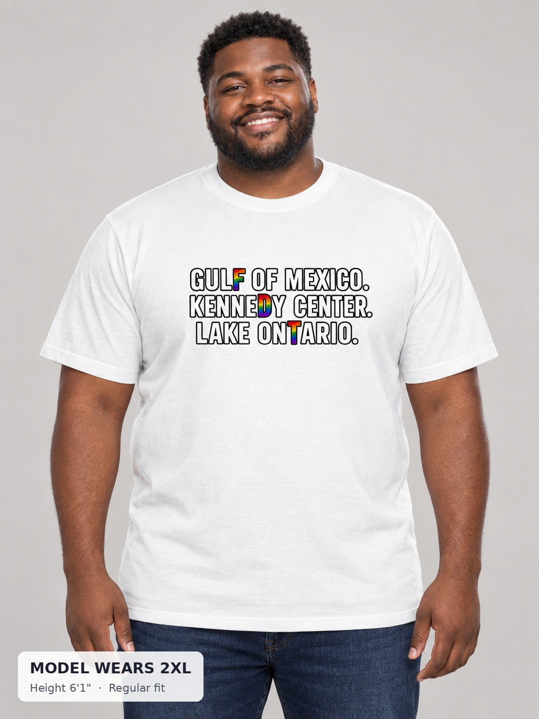Rename It? Make It Gay. Pride Protest Tee on a plus-size model wearing size 2XL, 6'1" - Good Trouble Fashion