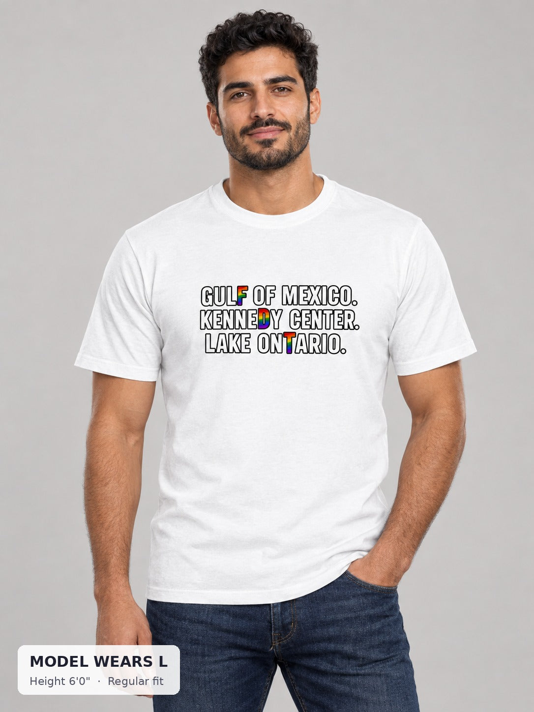 Rename It? Make It Gay. Pride Protest Tee on an athletic model wearing size L, 6'0" - Good Trouble Fashion