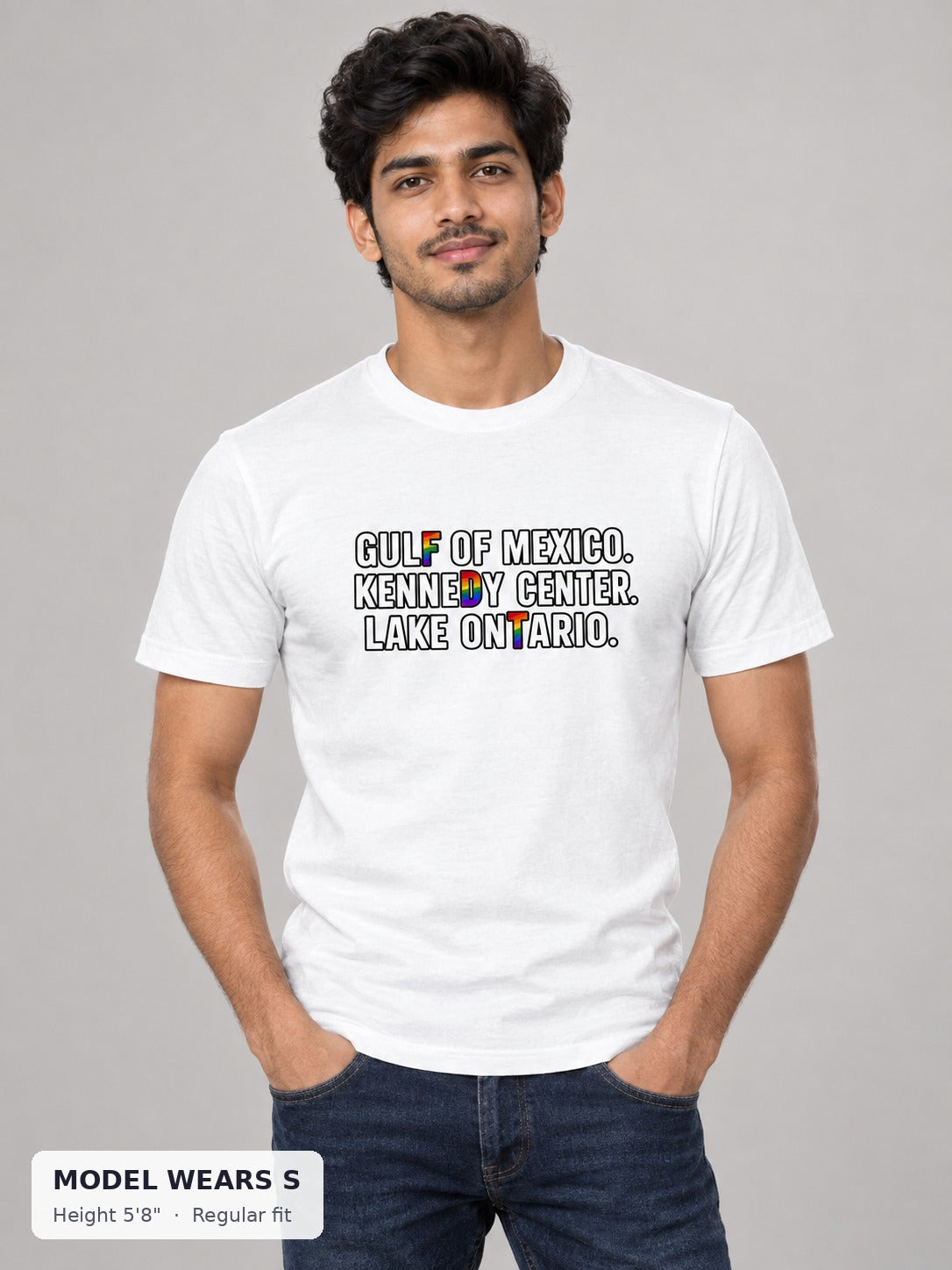 Rename It? Make It Gay. Pride Protest Tee on a slim model wearing size S, 5'8" - Good Trouble Fashion