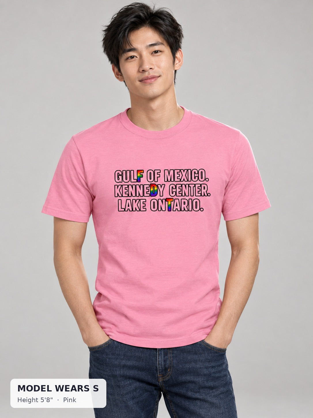 Rename It? Make It Gay. Pride Protest Tee in Pink on a slim model wearing size S, 5'8" - Good Trouble Fashion