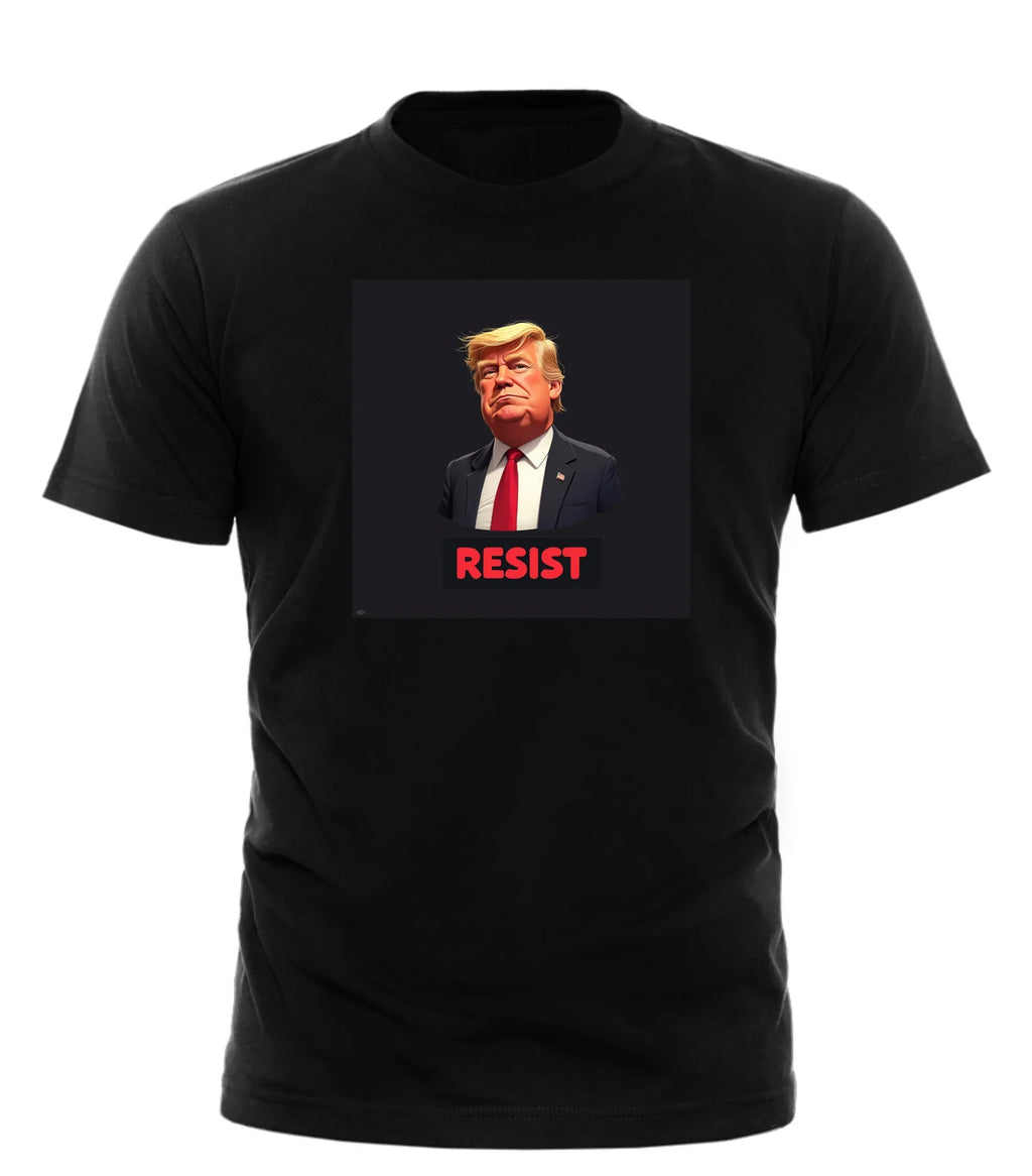 Black Good Trouble Garments resist Trump graphic tee with caricature of Donald Trump and red resist text