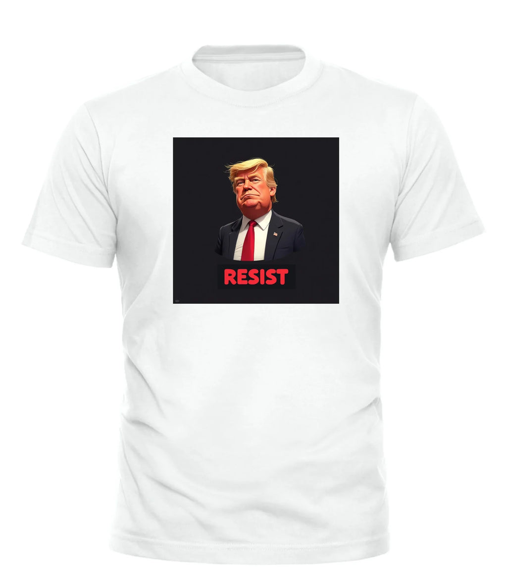 Good Trouble Garments white resist Trump graphic tee with red text and cartoon Donald Trump image