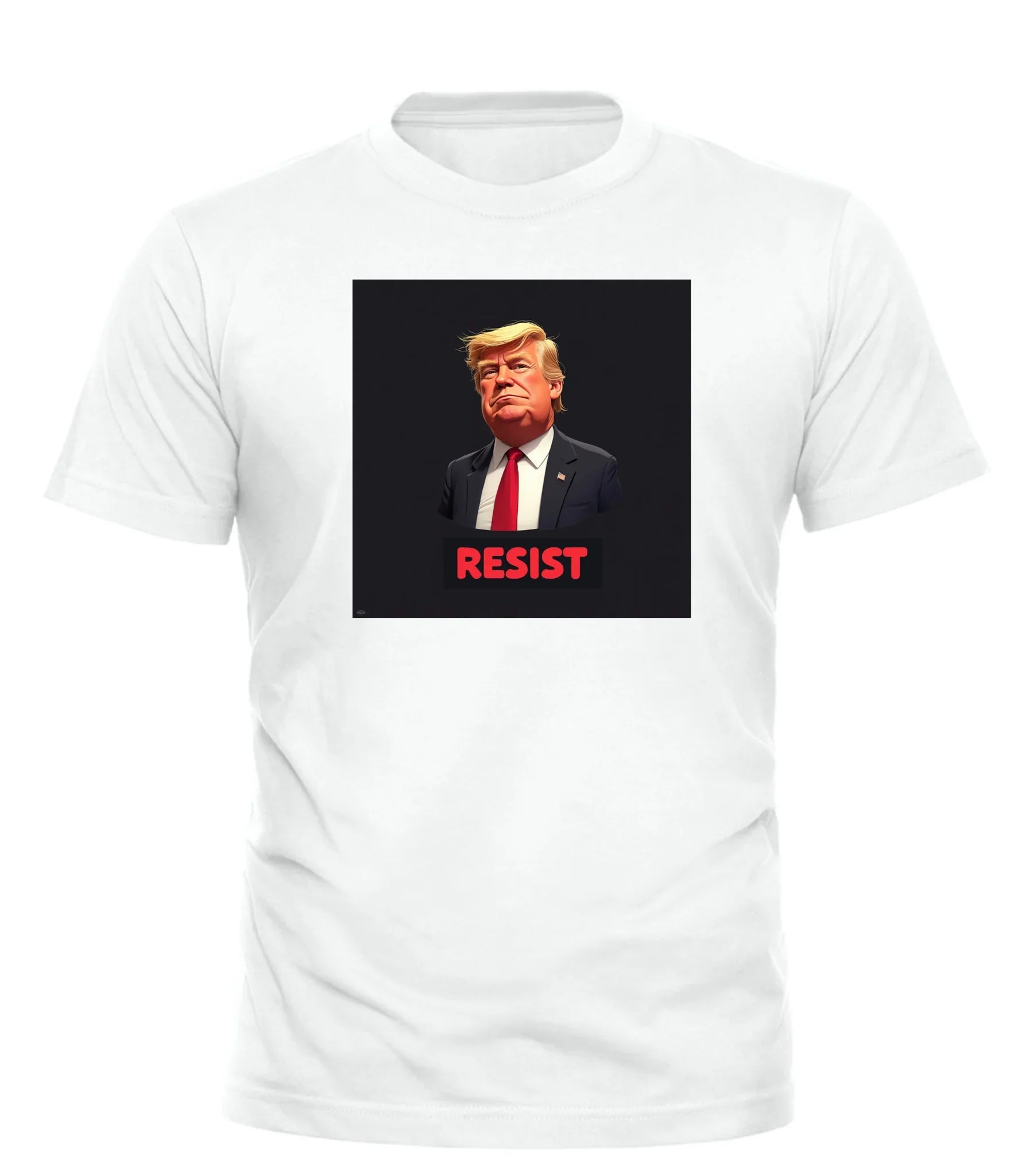 Good Trouble Garments white resist Trump graphic tee with red text and cartoon Donald Trump image