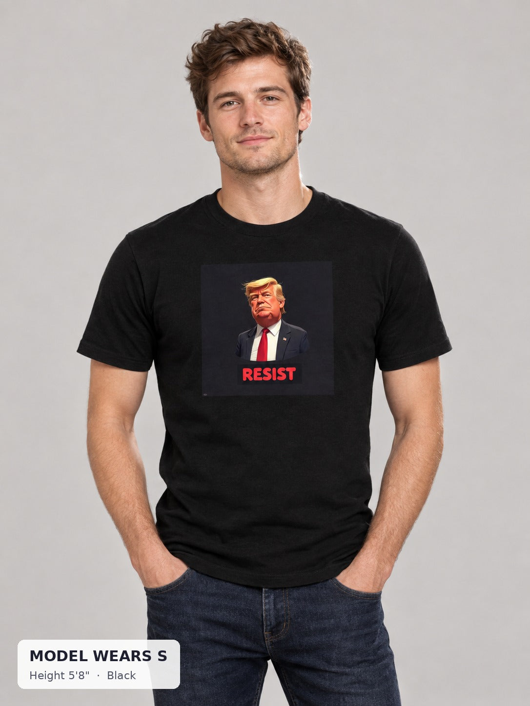 Resist Trump Tee in Black on a slim model wearing size S, 5'8" - Good Trouble Fashion