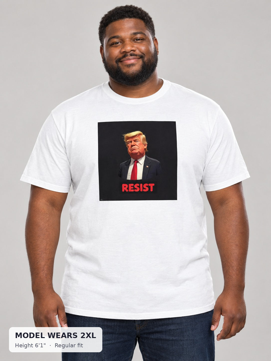Resist Trump Tee on a plus-size model wearing size 2XL, 6'1" - Good Trouble Fashion