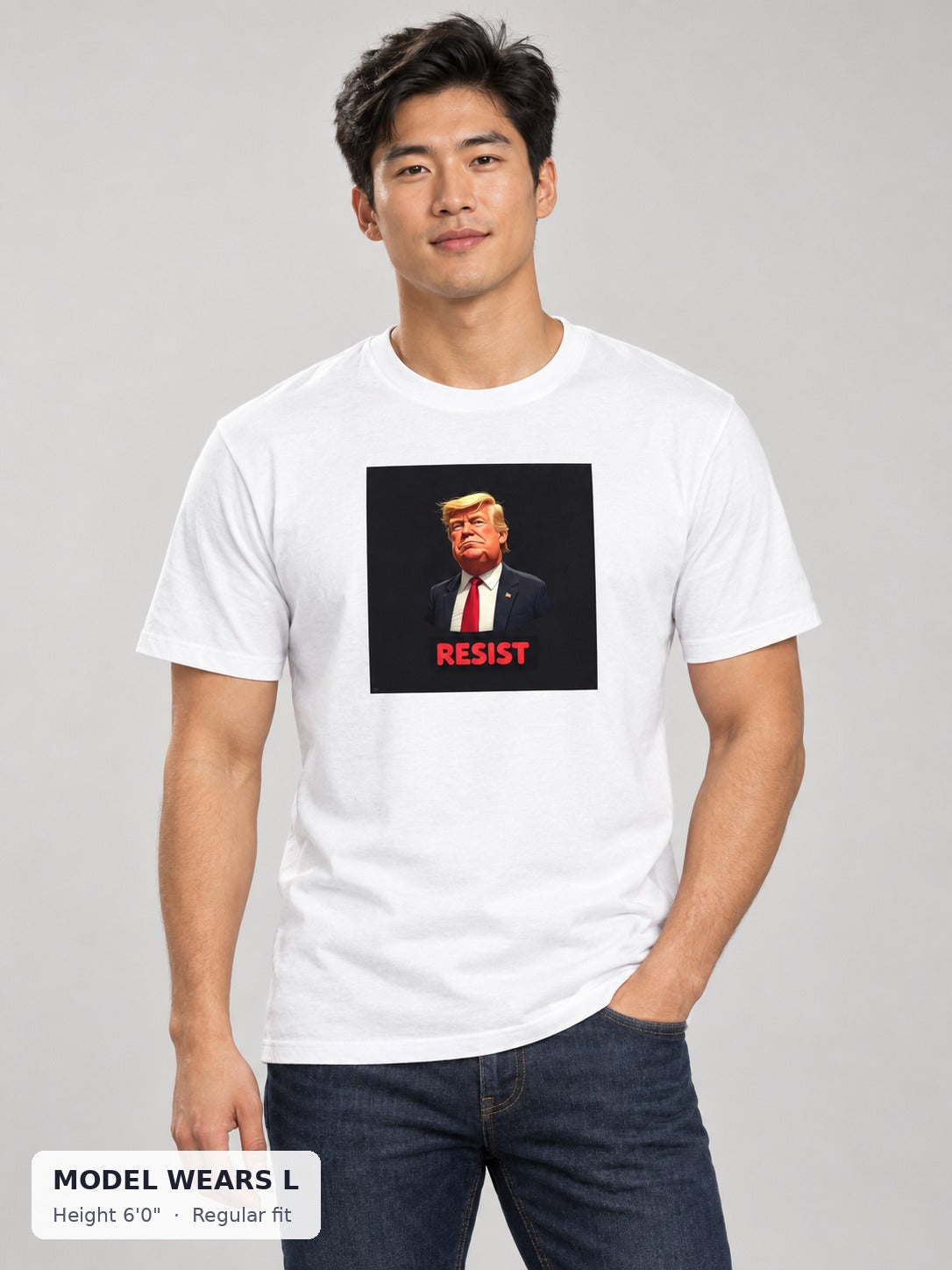 Resist Trump Tee on an athletic model wearing size L, 6'0" - Good Trouble Fashion