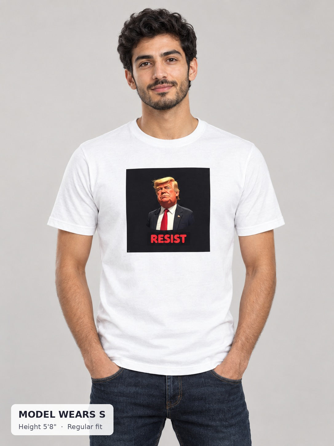 Resist Trump Tee on a slim model wearing size S, 5'8" - Good Trouble Fashion