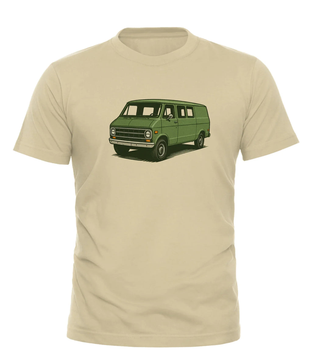 Good Trouble Garments retro van tee for men with green vintage van graphic on beige shirt