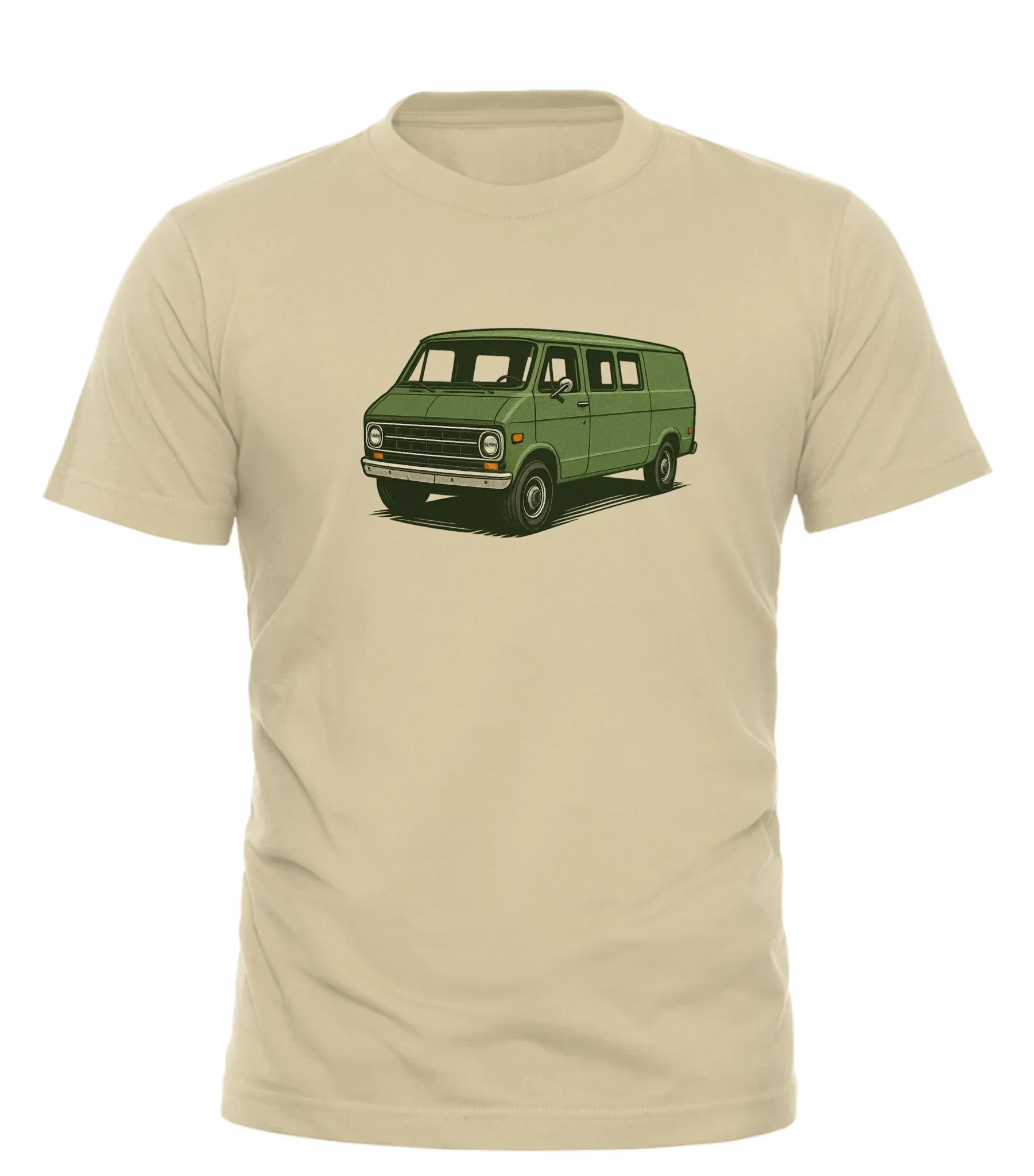 Good Trouble Garments retro van tee for men with green vintage van graphic on beige shirt