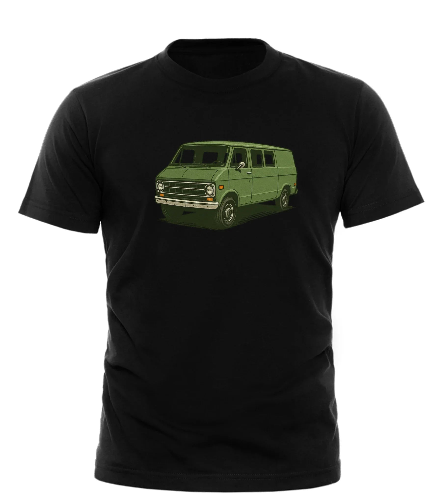 Good Trouble Garments black retro van tee for men with green vintage van graphic on front