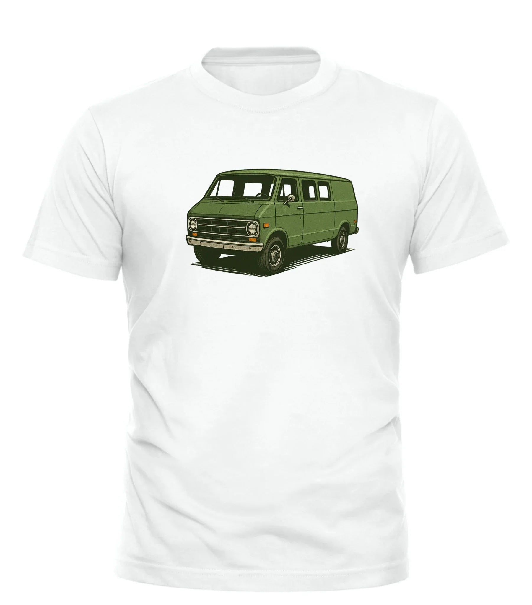 Good Trouble Garments white retro van tee for men featuring a green vintage van graphic