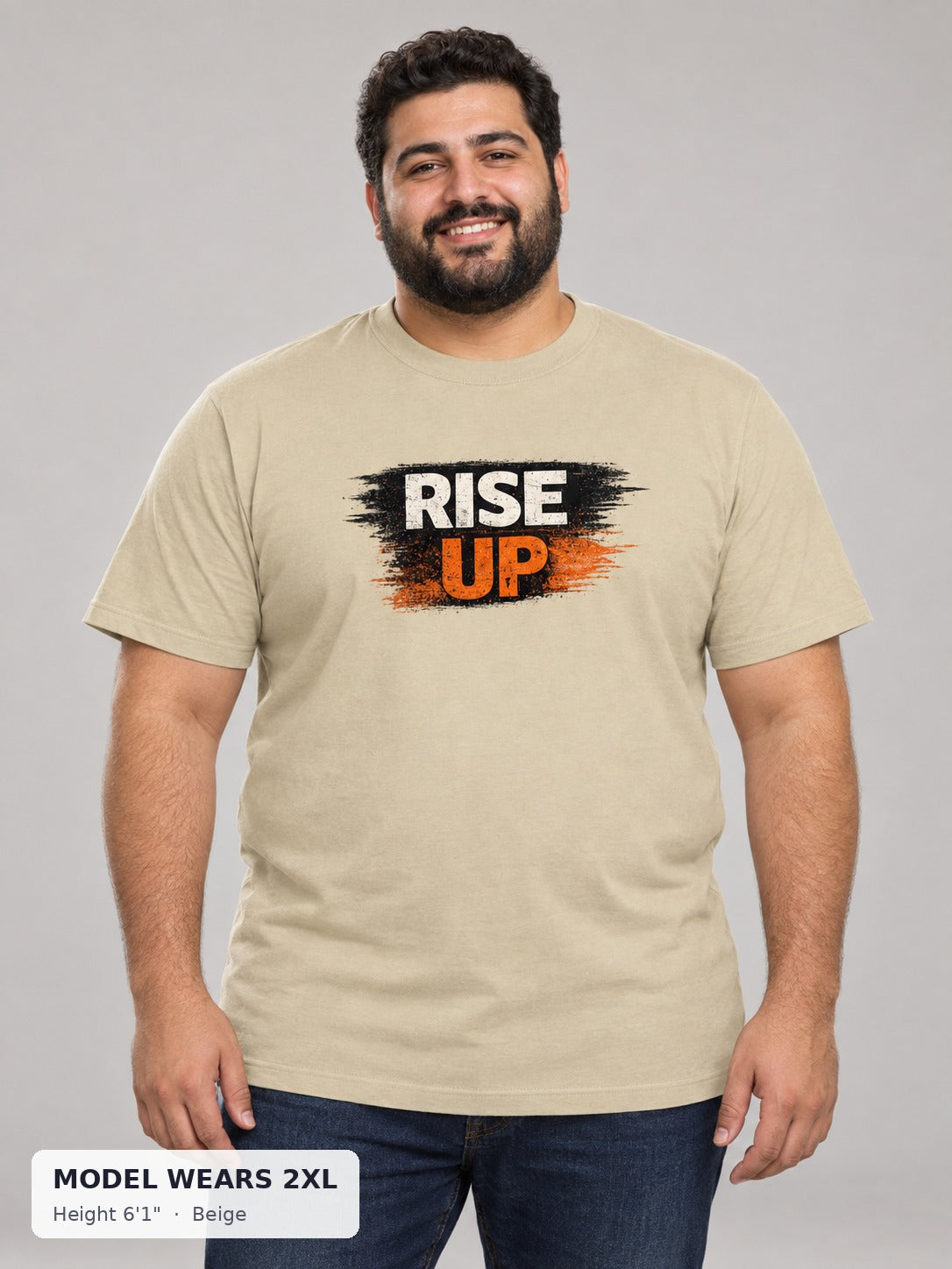 Rise Up Tee in Beige on a plus-size model wearing size 2XL, 6'1" - Good Trouble Fashion