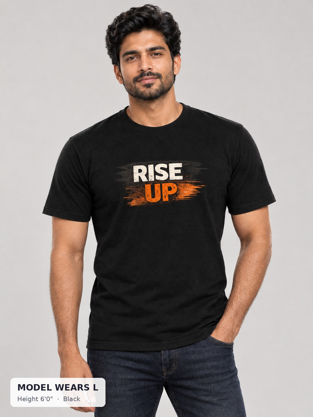 Rise Up Tee in Black on an athletic model wearing size L, 6'0" - Good Trouble Fashion