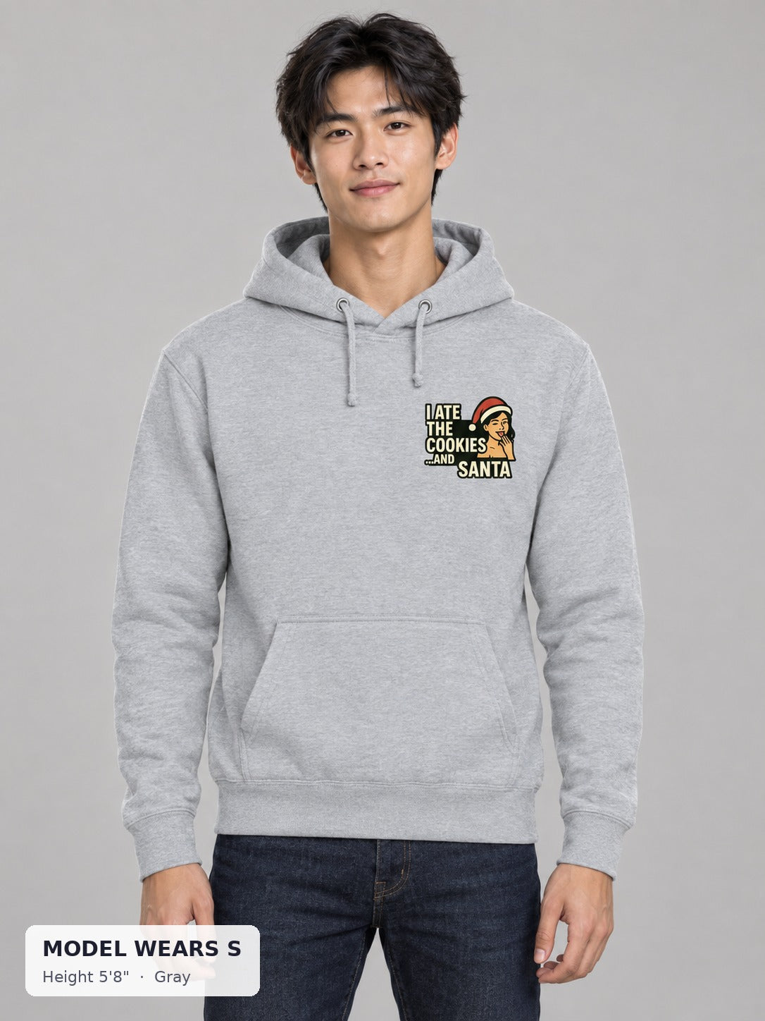 Santa and His Cookies Holiday Hoodie in Gray on a slim model wearing size S, 5'8" - Good Trouble Fashion