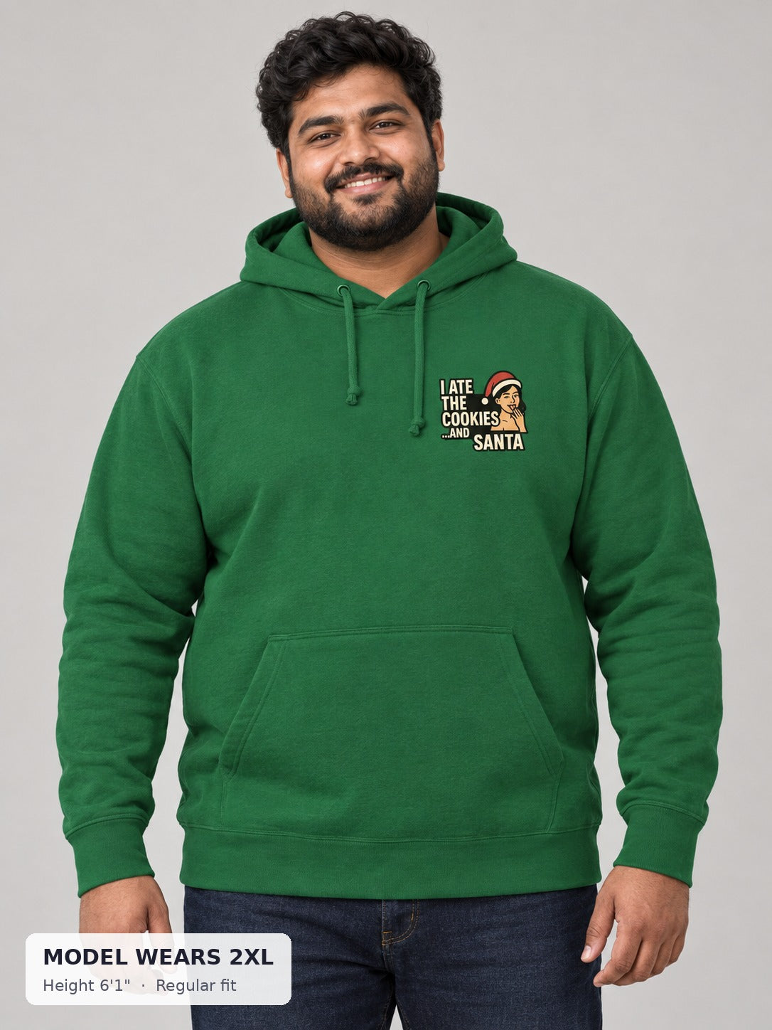 Santa and His Cookies Holiday Hoodie on a plus-size model wearing size 2XL, 6'1" - Good Trouble Fashion