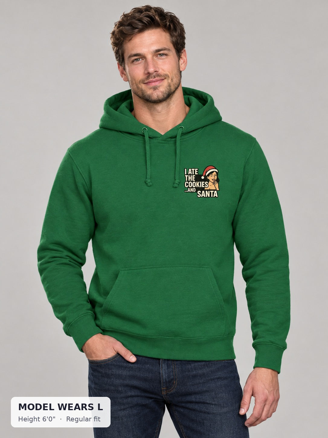 Santa and His Cookies Holiday Hoodie on an athletic model wearing size L, 6'0" - Good Trouble Fashion
