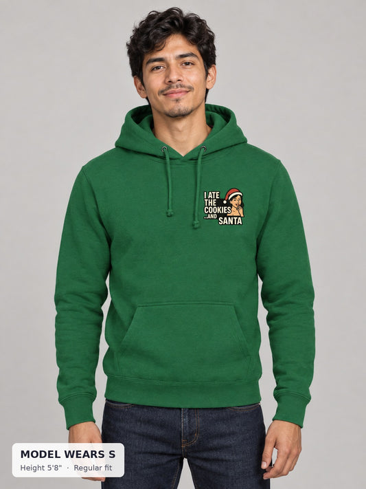 Santa and His Cookies Holiday Hoodie on a slim model wearing size S, 5'8" - Good Trouble Fashion