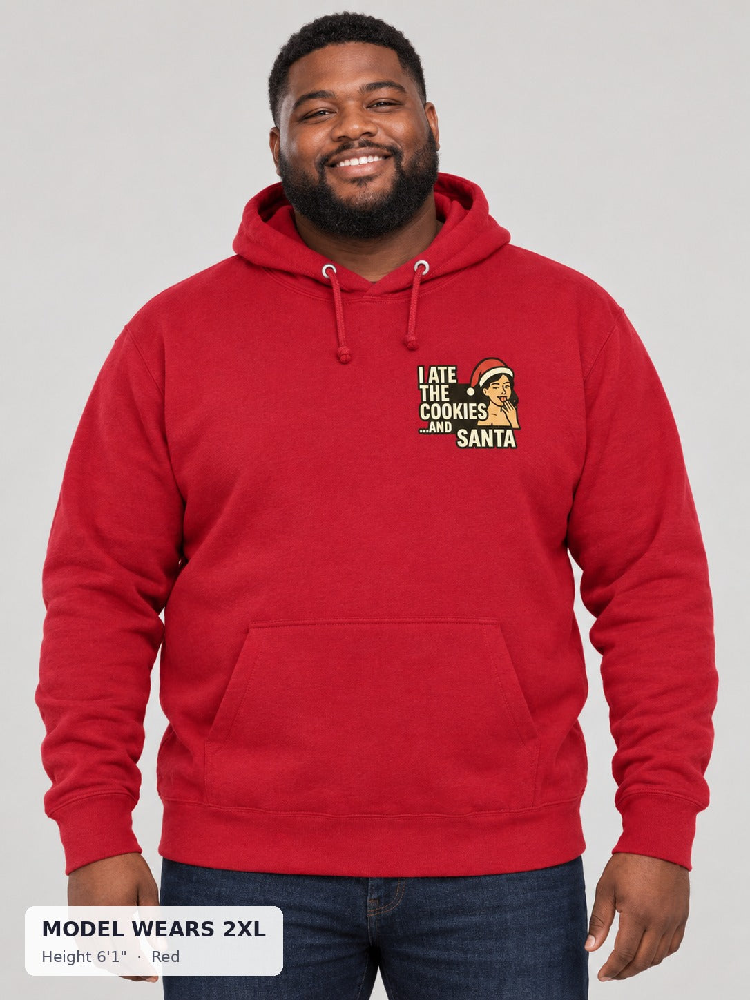 Santa and His Cookies Holiday Hoodie in Red on a plus-size model wearing size 2XL, 6'1" - Good Trouble Fashion