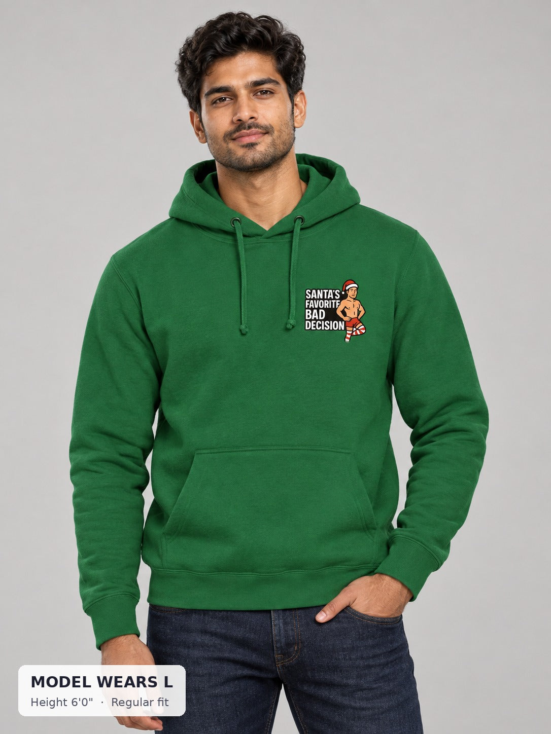 Santa's Favorite Bad Decision Hoodie on an athletic model wearing size L, 6'0" - Good Trouble Fashion