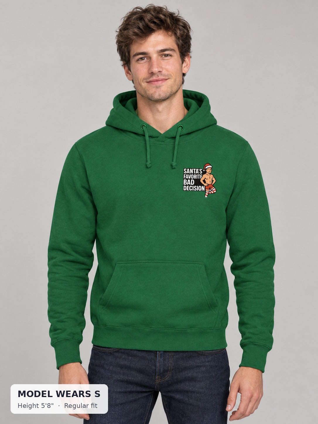 Santa's Favorite Bad Decision Hoodie on a slim model wearing size S, 5'8" - Good Trouble Fashion