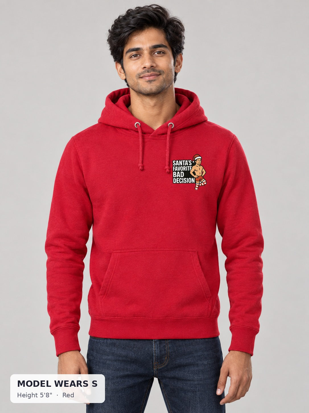 Santa's Favorite Bad Decision Hoodie in Red on a slim model wearing size S, 5'8" - Good Trouble Fashion