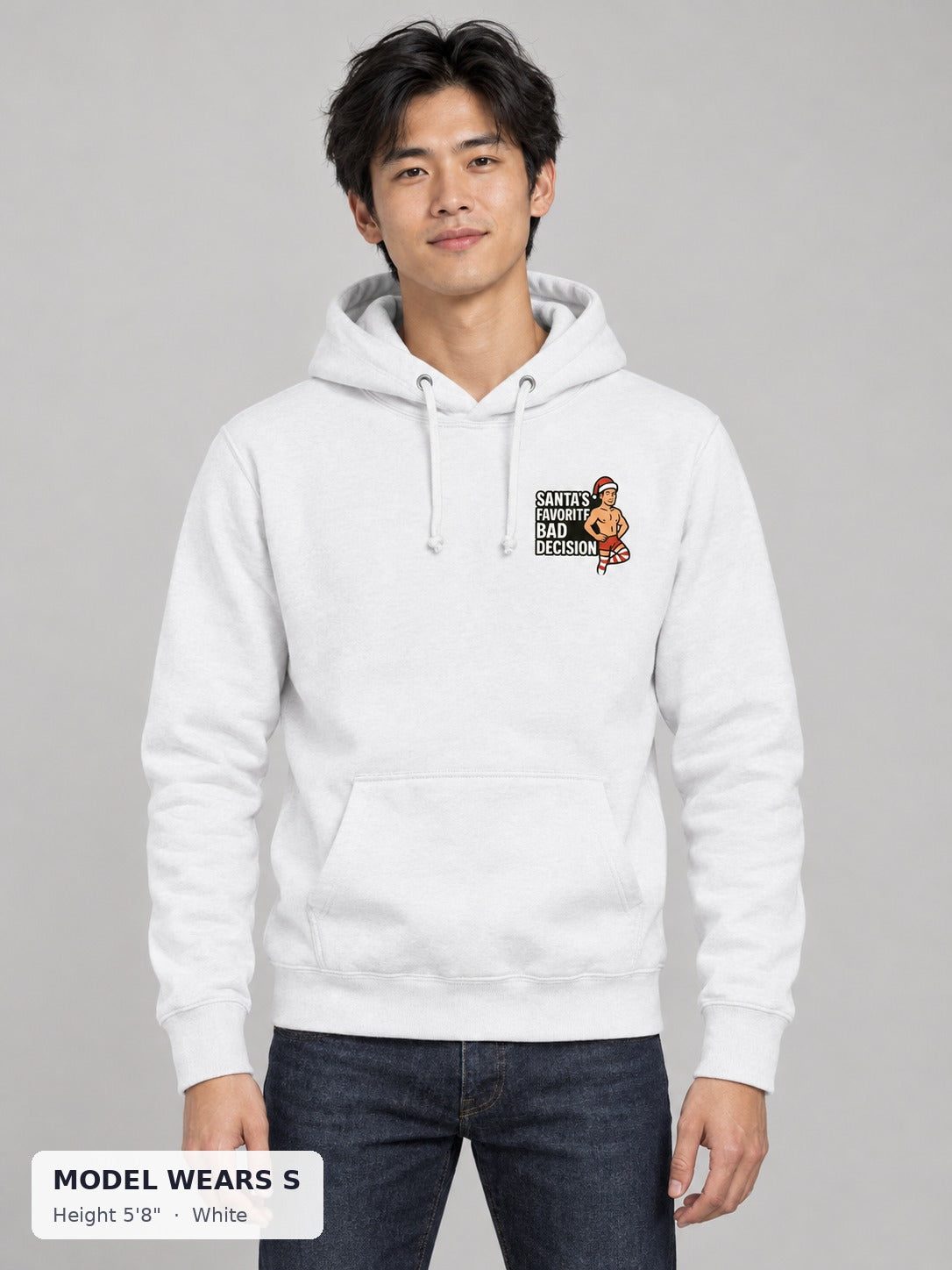 Santa's Favorite Bad Decision Hoodie in White on a slim model wearing size S, 5'8" - Good Trouble Fashion