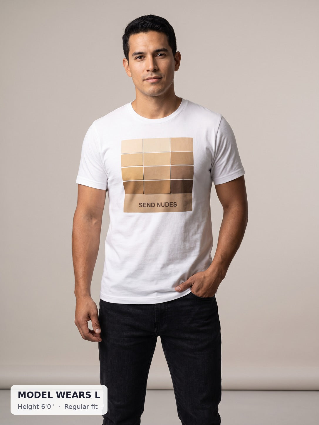 Send Nudes Tee on an athletic model wearing size L, 6'0" - Good Trouble Fashion