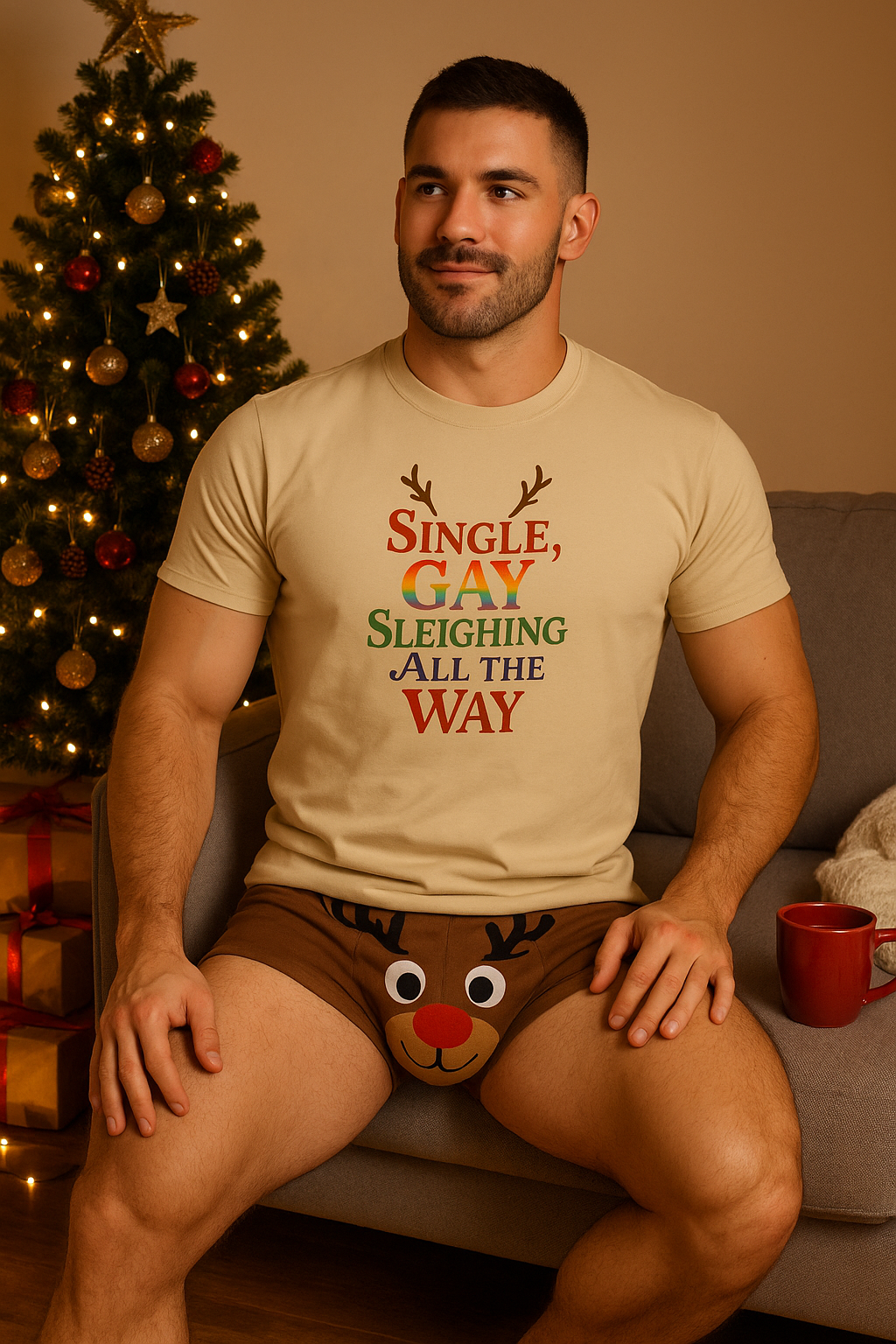 Single Gay Holiday T-Shirt by Good Trouble Garments with festive antlers and cheerful text design