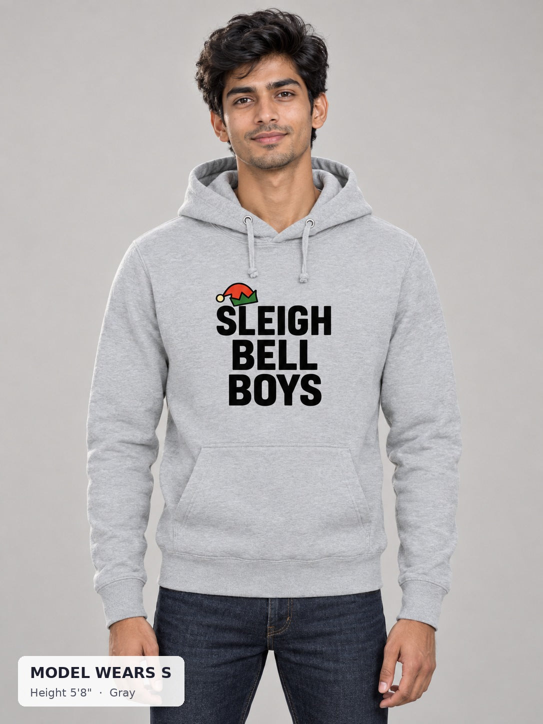 Sleigh Bell Boys Hoodie in Gray on a slim model wearing size S, 5'8" - Good Trouble Fashion