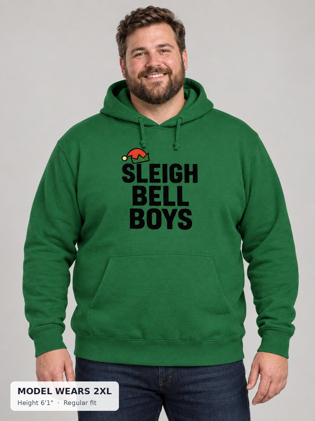 Sleigh Bell Boys Hoodie on a plus-size model wearing size 2XL, 6'1" - Good Trouble Fashion