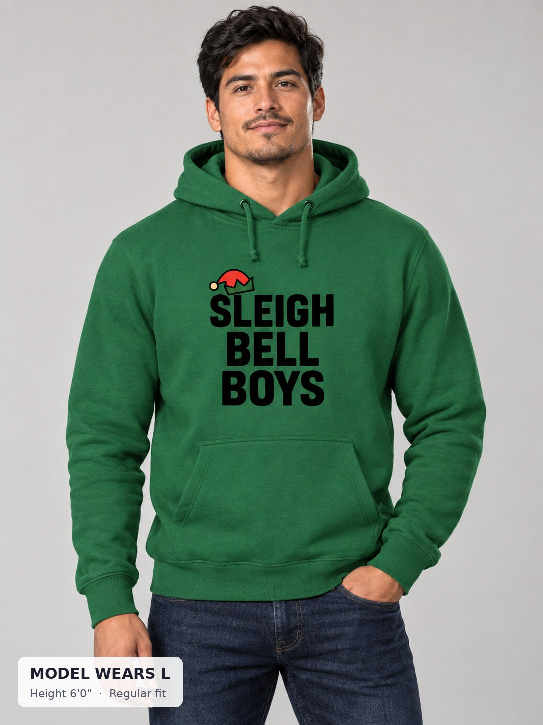 Sleigh Bell Boys Hoodie on an athletic model wearing size L, 6'0" - Good Trouble Fashion