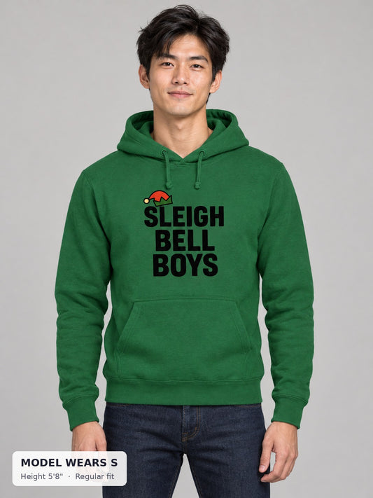 Sleigh Bell Boys Hoodie on a slim model wearing size S, 5'8" - Good Trouble Fashion