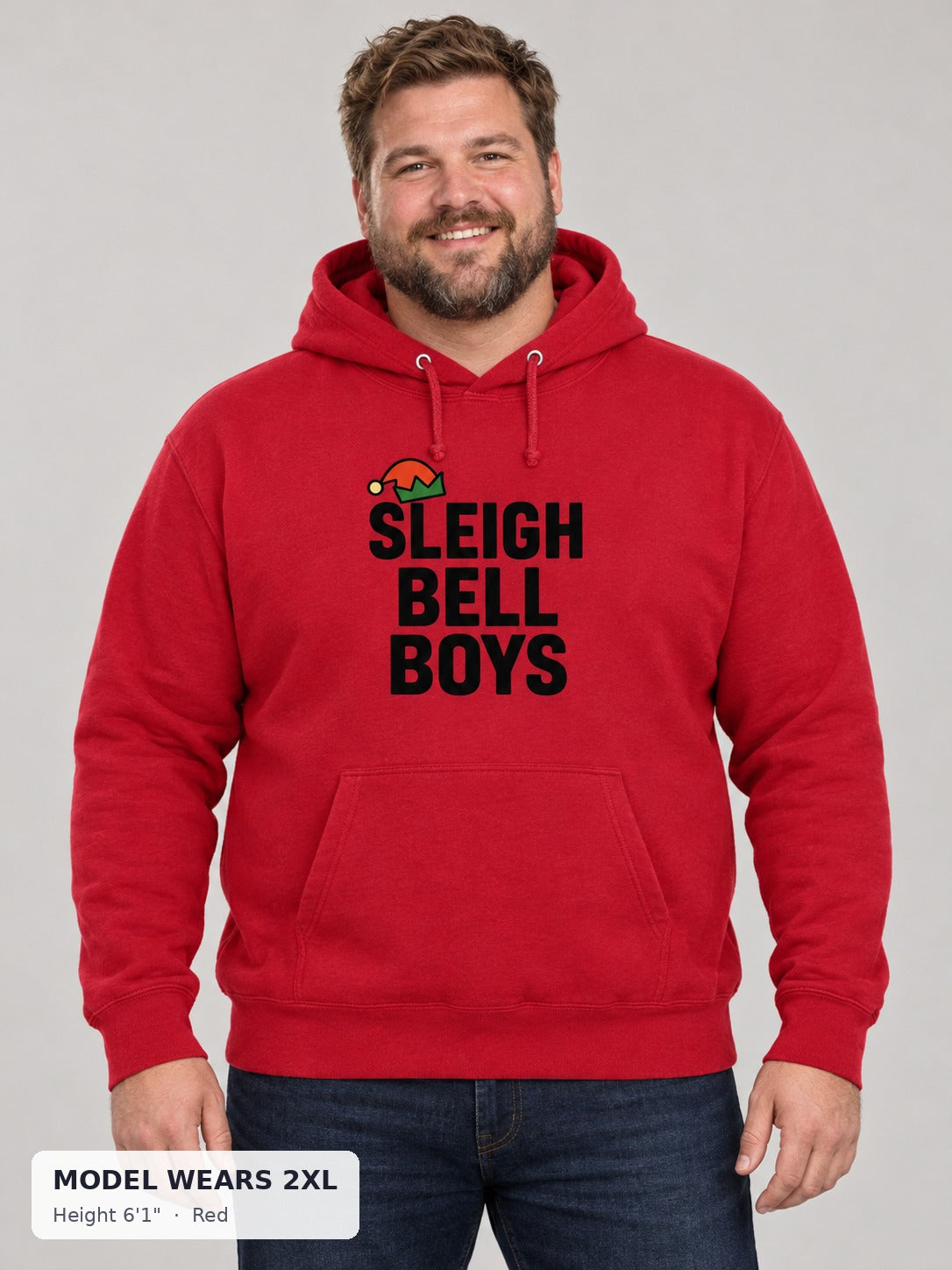 Sleigh Bell Boys Hoodie in Red on a plus-size model wearing size 2XL, 6'1" - Good Trouble Fashion