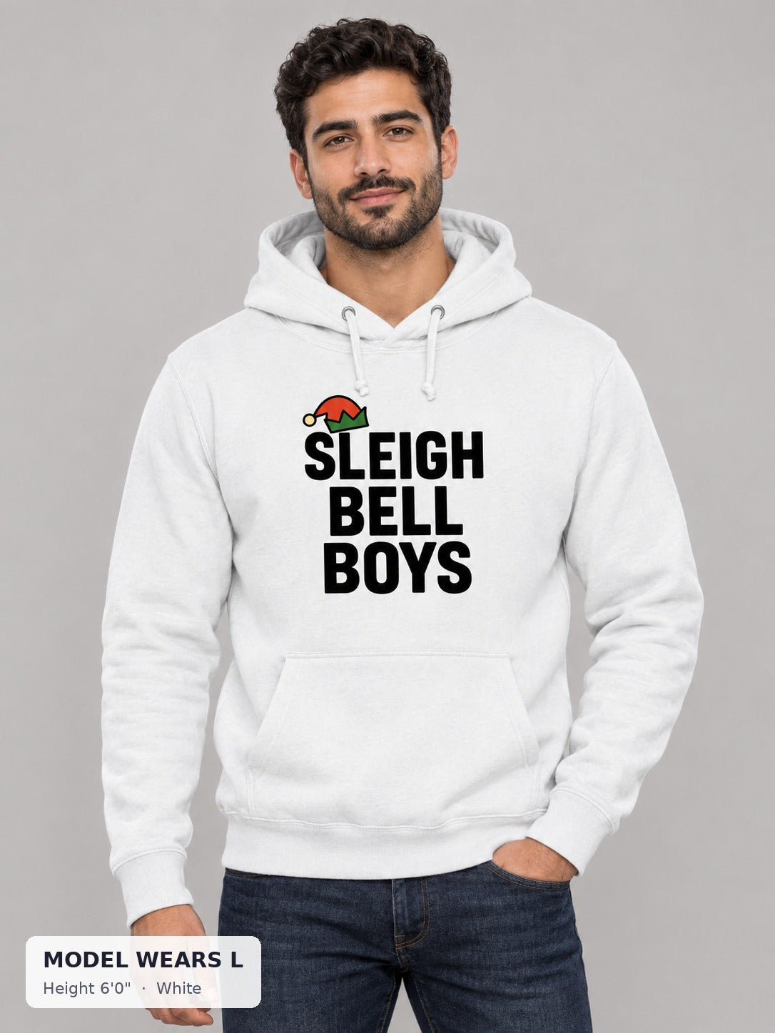 Sleigh Bell Boys Hoodie in White on an athletic model wearing size L, 6'0" - Good Trouble Fashion