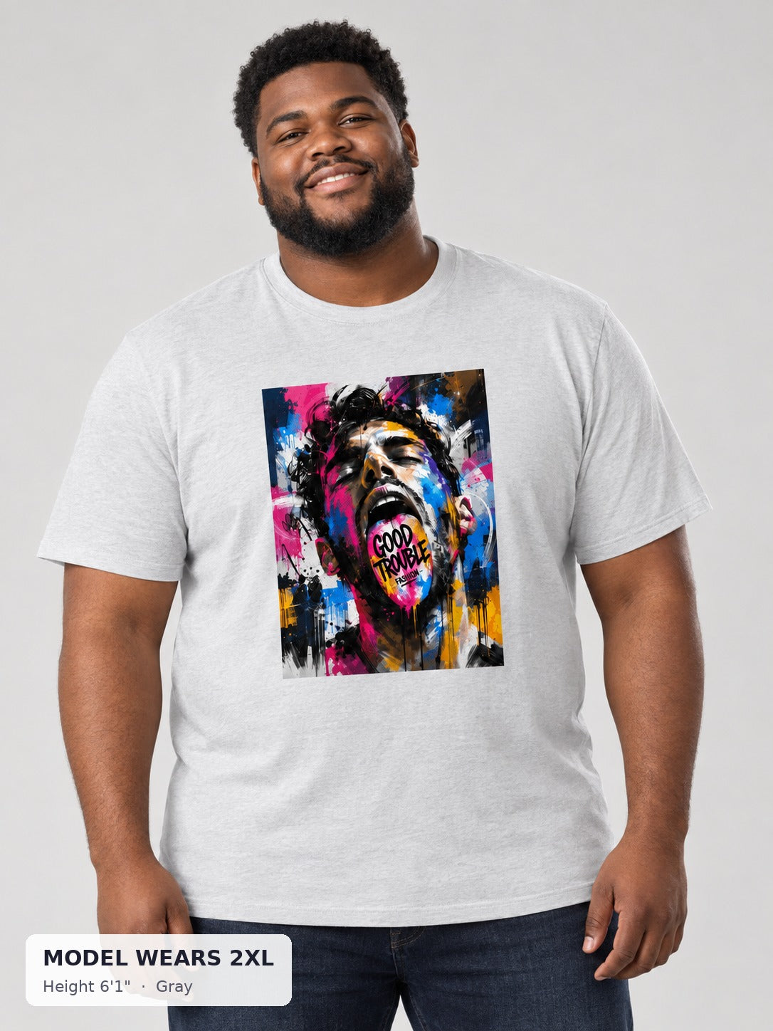 Speak Loud Tee in Gray on a plus-size model wearing size 2XL, 6'1" - Good Trouble Fashion