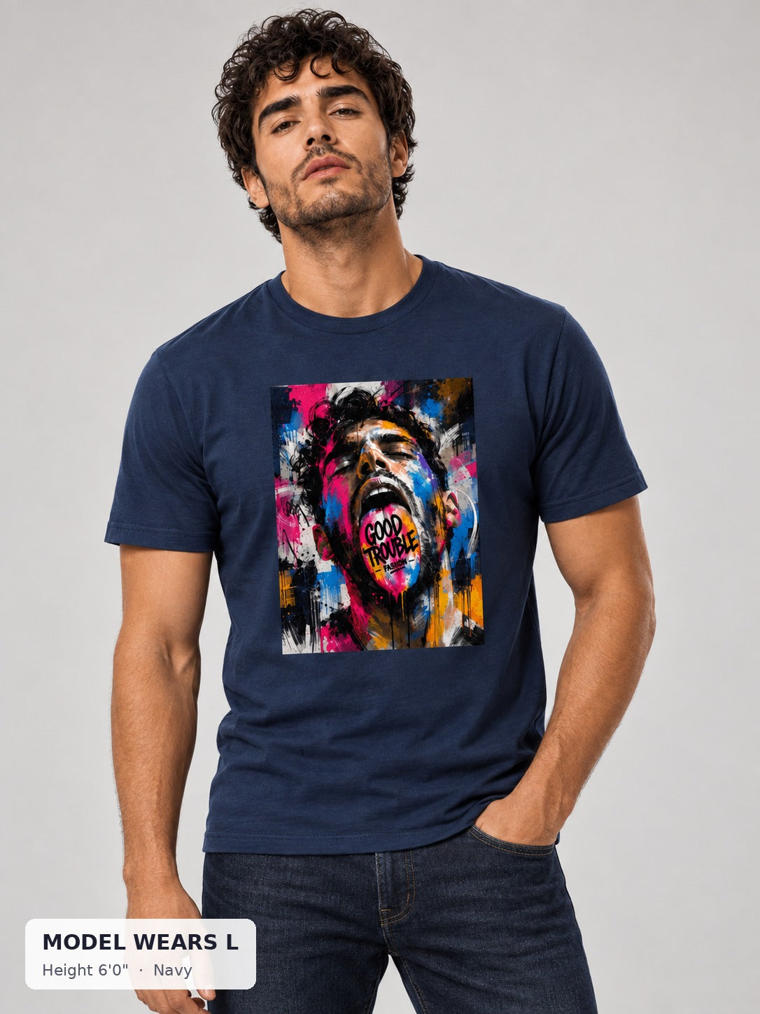 Speak Loud Tee in Navy on an athletic model wearing size L, 6'0" - Good Trouble Fashion