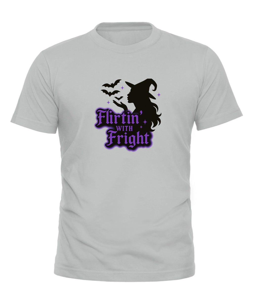 Flirting With Fright t-shirt light gray cotton tee featuring witch silhouette bats and purple logo