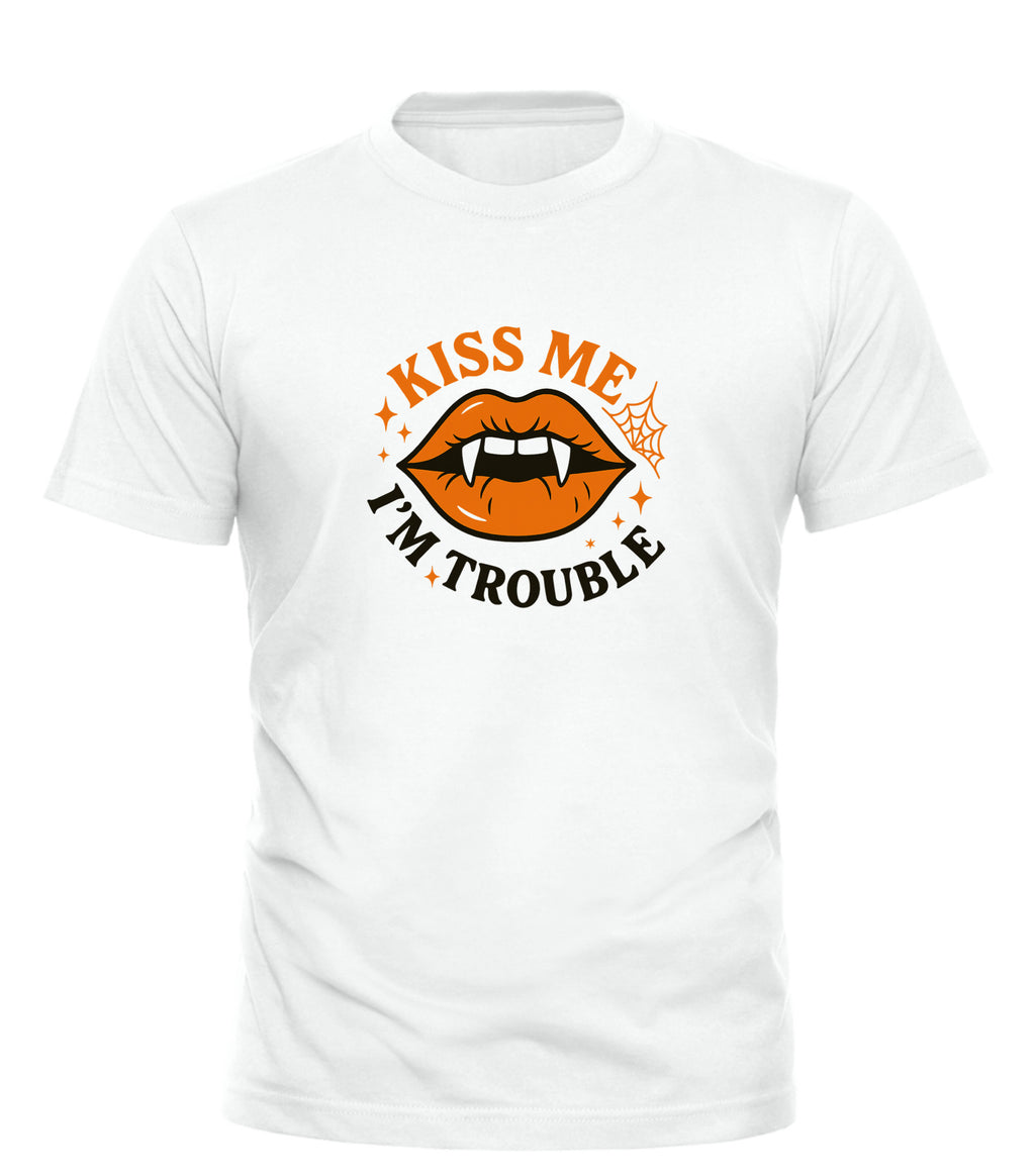 White short sleeve crew neck kiss me I’m trouble t-shirt with orange vampire lips graphic and fangs